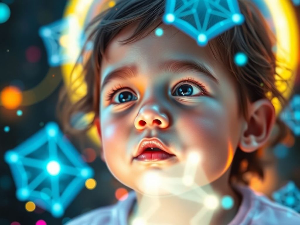 Copil explorând un univers digital colorat.