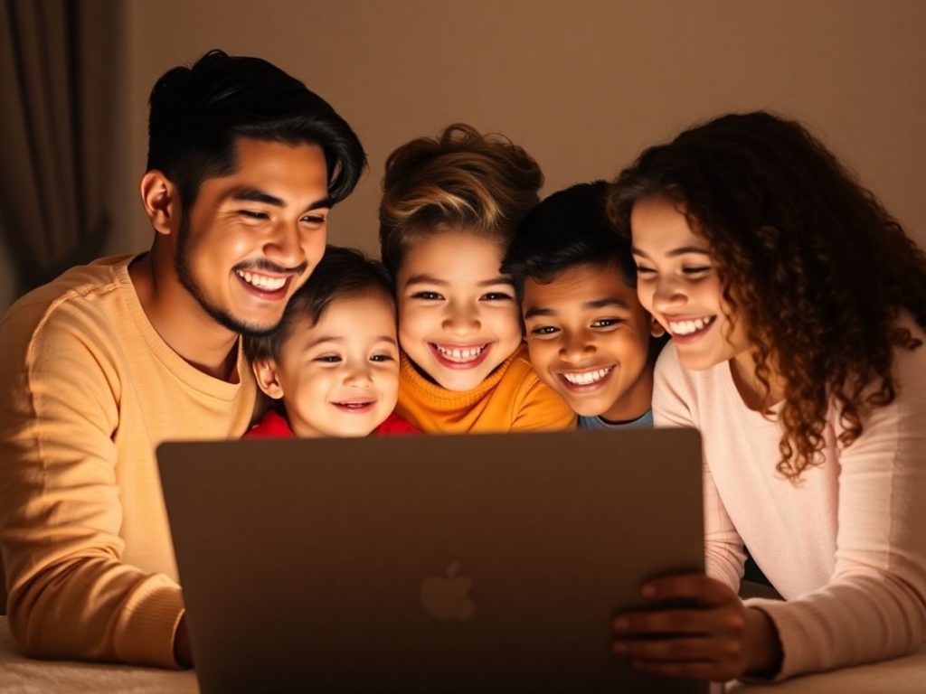 Familie zâmbind în fața ecranului