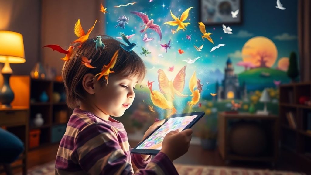 Copil captivat de povești digitale pe tabletă.