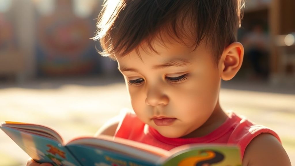 Copil citind o carte cu pasiune.