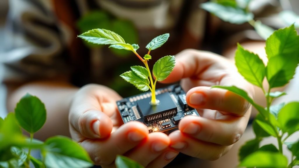 Copil ține o plantă din circuit electronic.